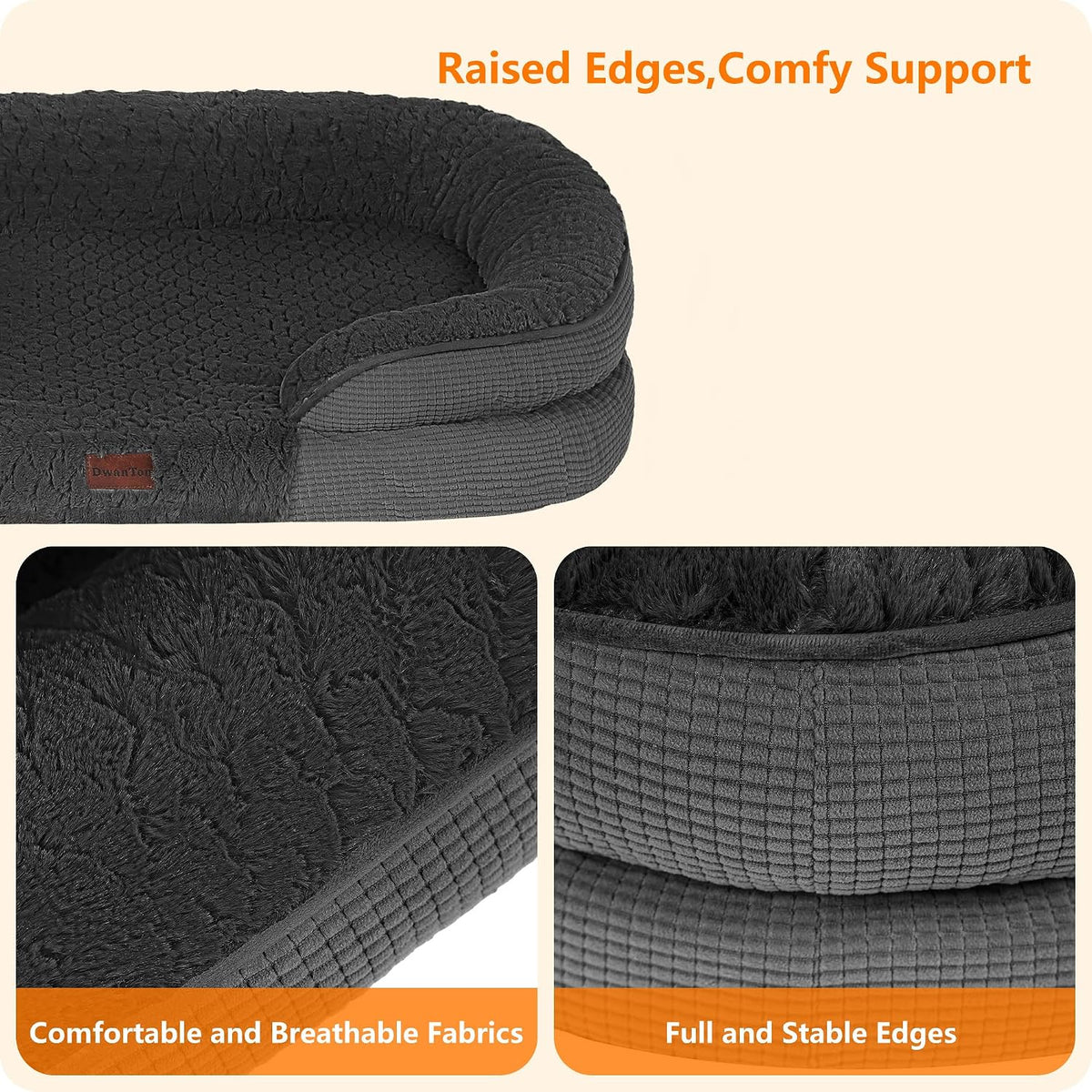 Orthopedic Waterproof Medium Dog Bed Sofa, Gel Memory Foam, 36" | Egg-Crate Foam Dog Sofa, Washable Pet Bed with Four Sided Bolster Cushion, Removable Cover & Non-Slip Bottom, Dark Grey