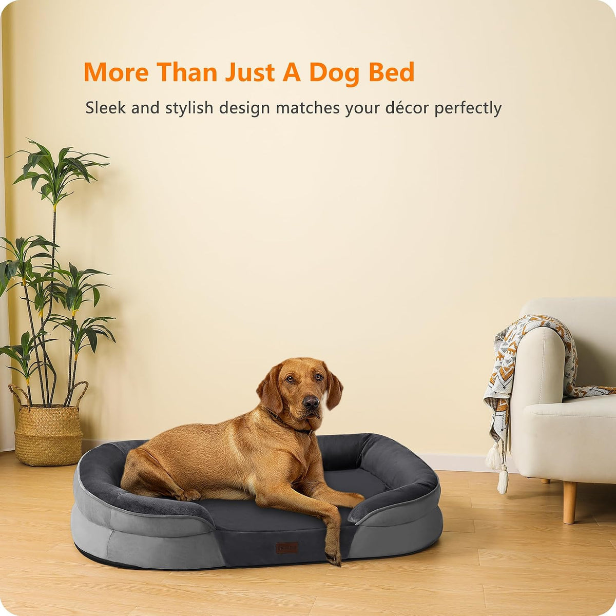 Orthopedic Waterproof Medium Dog Bed Sofa, Gel Memory Foam, 36" | Egg-Crate Foam Dog Sofa, Washable Pet Bed with Four Sided Bolster Cushion, Removable Cover & Non-Slip Bottom, Dark Grey
