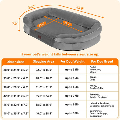 Orthopedic Waterproof Medium Dog Bed Sofa, Gel Memory Foam, 36" | Egg-Crate Foam Dog Sofa, Washable Pet Bed with Four Sided Bolster Cushion, Removable Cover & Non-Slip Bottom, Dark Grey