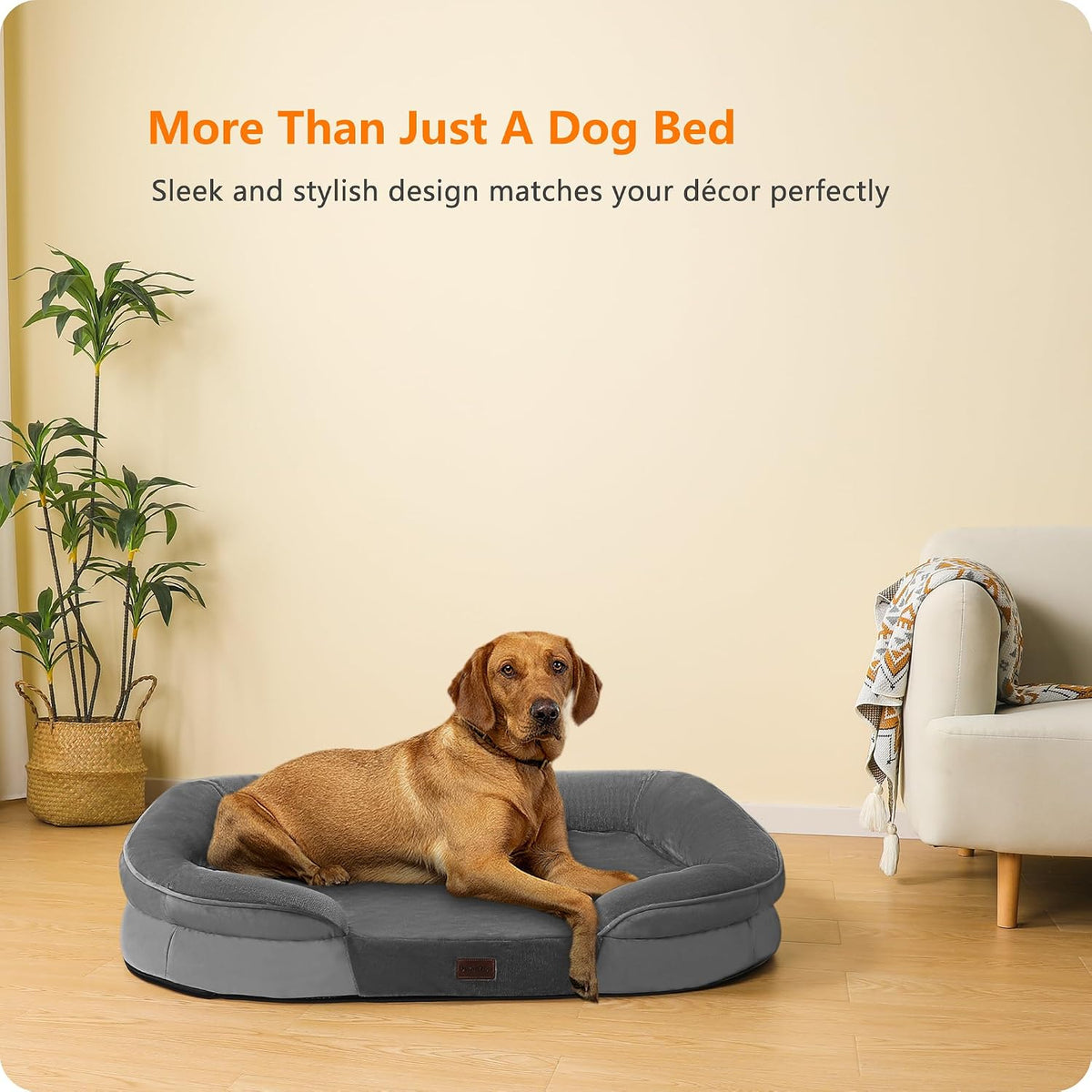 Orthopedic Waterproof Medium Dog Bed Sofa, Gel Memory Foam, 36" | Egg-Crate Foam Dog Sofa, Washable Pet Bed with Four Sided Bolster Cushion, Removable Cover & Non-Slip Bottom, Dark Grey