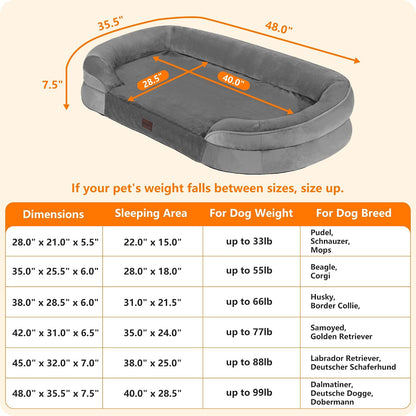 Orthopedic Waterproof Medium Dog Bed Sofa, Gel Memory Foam, 36" | Egg-Crate Foam Dog Sofa, Washable Pet Bed with Four Sided Bolster Cushion, Removable Cover & Non-Slip Bottom, Dark Grey