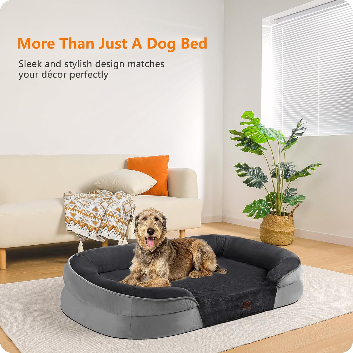 Orthopedic Waterproof Medium Dog Bed Sofa, Gel Memory Foam, 36" | Egg-Crate Foam Dog Sofa, Washable Pet Bed with Four Sided Bolster Cushion, Removable Cover & Non-Slip Bottom, Dark Grey