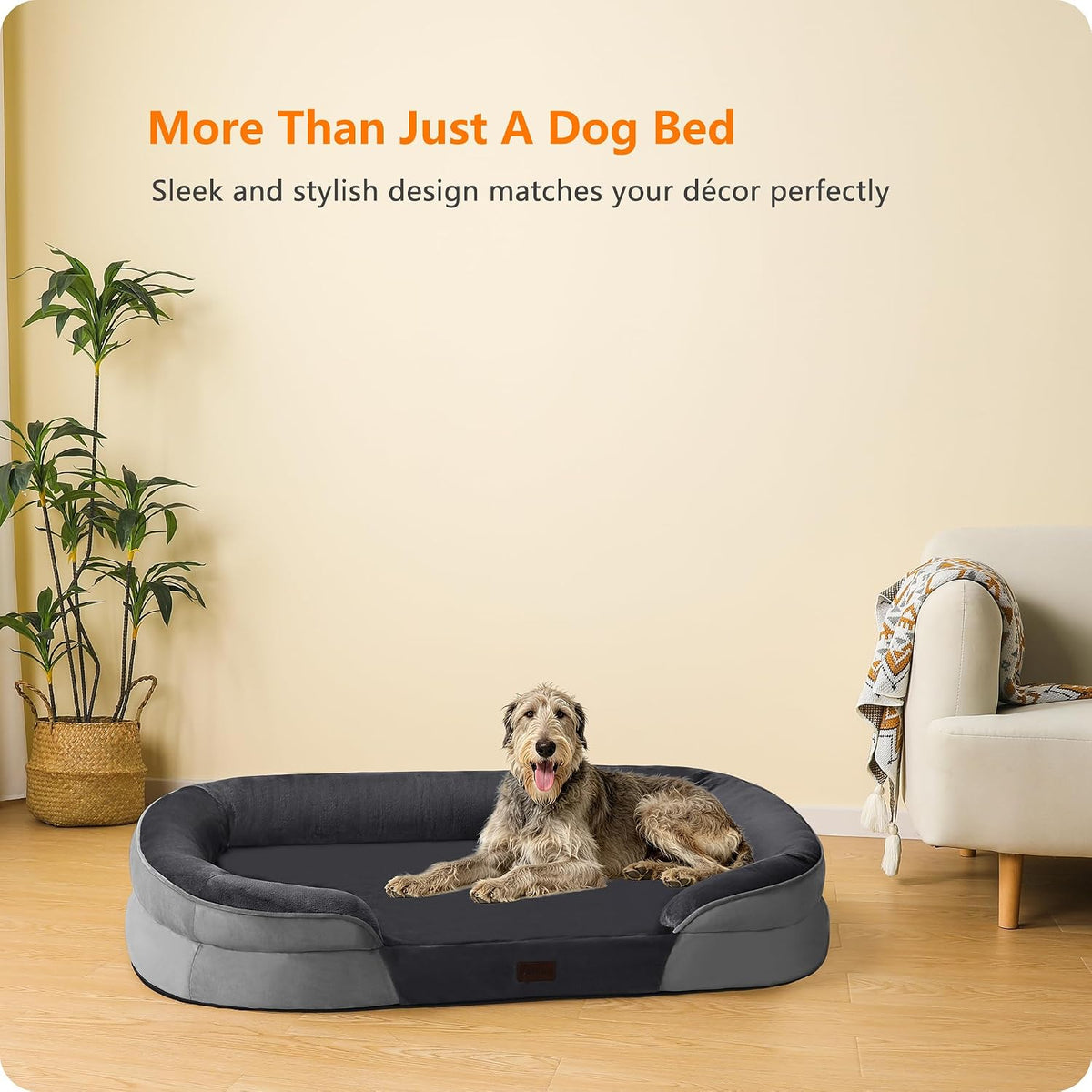 Orthopedic Waterproof Medium Dog Bed Sofa, Gel Memory Foam, 36" | Egg-Crate Foam Dog Sofa, Washable Pet Bed with Four Sided Bolster Cushion, Removable Cover & Non-Slip Bottom, Dark Grey