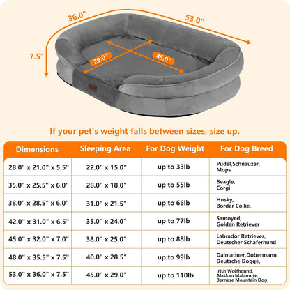 Orthopedic Waterproof Medium Dog Bed Sofa, Gel Memory Foam, 36" | Egg-Crate Foam Dog Sofa, Washable Pet Bed with Four Sided Bolster Cushion, Removable Cover & Non-Slip Bottom, Dark Grey