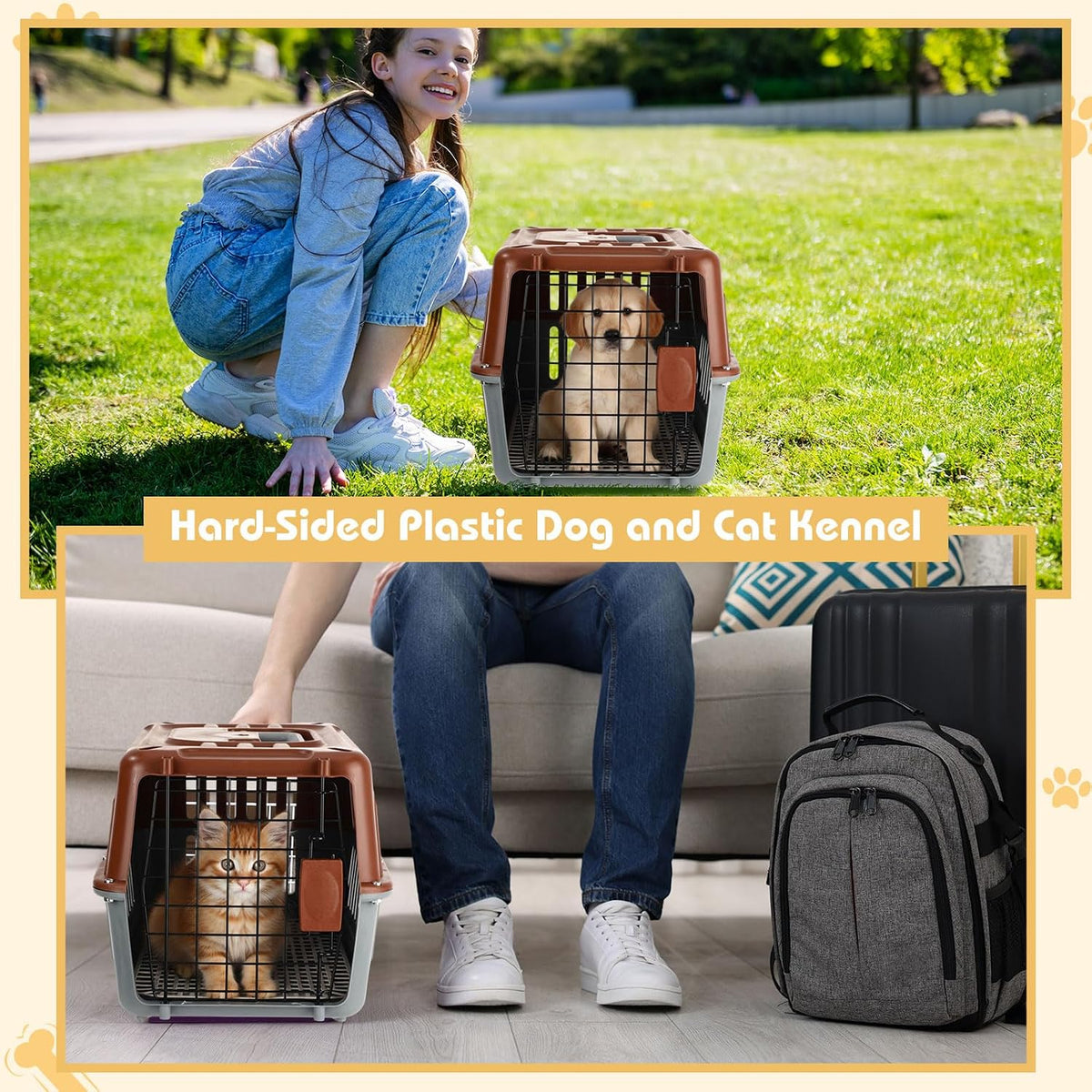2 Set Small Cat Dog Travel Pet Carrier, 17.5" up to 13lbs, Brown