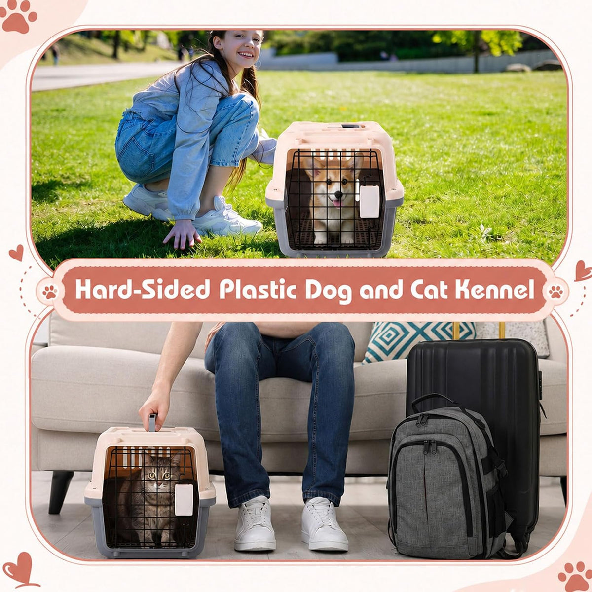 2 Set Small Cat Dog Travel Pet Carrier, 17.5" up to 13lbs, Brown