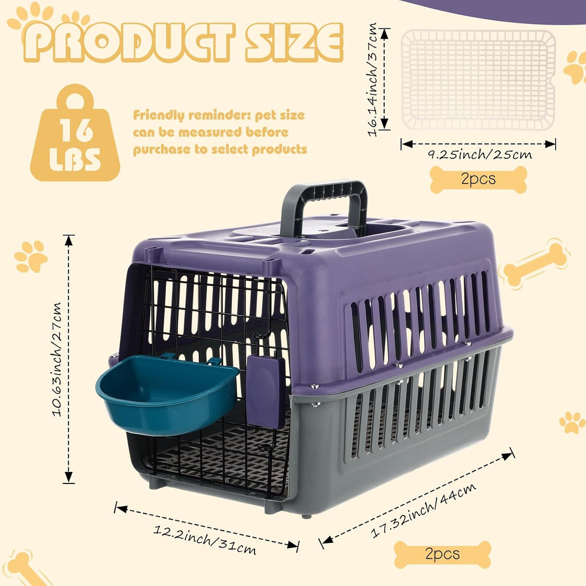 2 Set Small Cat Dog Travel Pet Carrier, 17.5" up to 13lbs, Brown