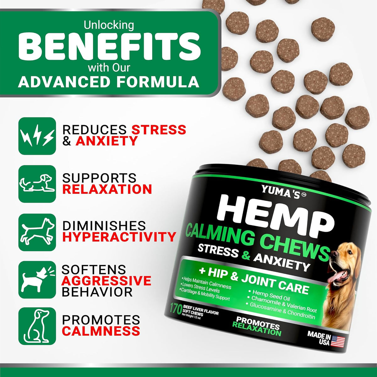 Hemp Calming Chews for Dogs - 170 Treats - Advanced Dog Calming Chews