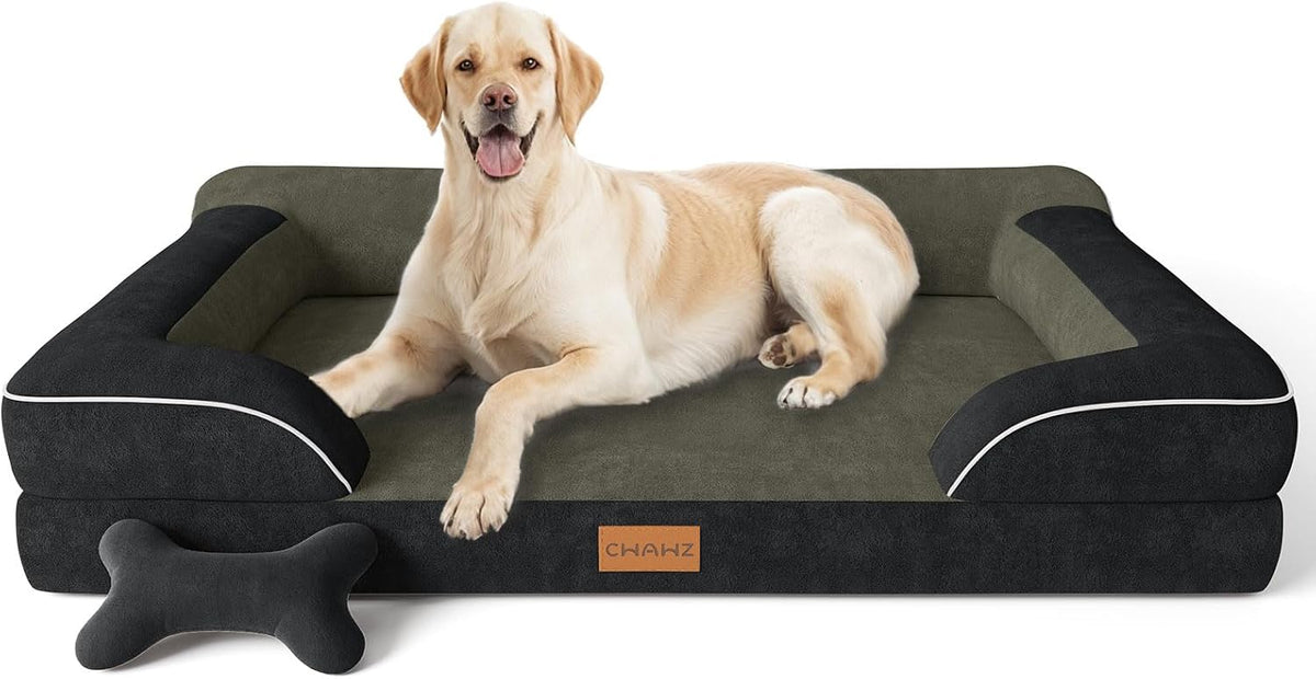 Extra Large Dog Bed, Orthopedic Dog Bed with Cooling Gel Memory Foam, Waterproof XL Pet Bed with Removable Washable Cover, 42" Pet Sofa Couch Dutch Velvet with Bone Toy, Light Gray