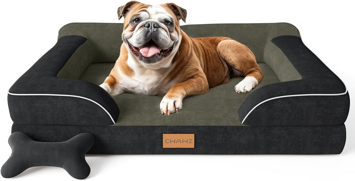 Extra Large Dog Bed, Orthopedic Dog Bed with Cooling Gel Memory Foam, Waterproof XL Pet Bed with Removable Washable Cover, 42" Pet Sofa Couch Dutch Velvet with Bone Toy, Light Gray