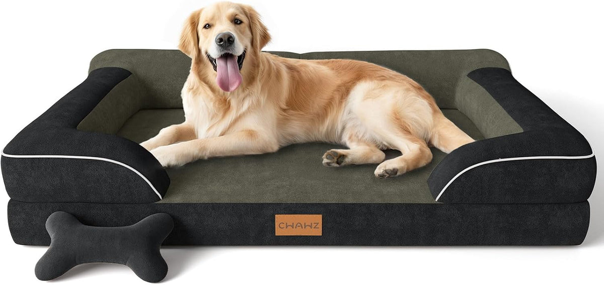 Extra Large Dog Bed, Orthopedic Dog Bed with Cooling Gel Memory Foam, Waterproof XL Pet Bed with Removable Washable Cover, 42" Pet Sofa Couch Dutch Velvet with Bone Toy, Light Gray
