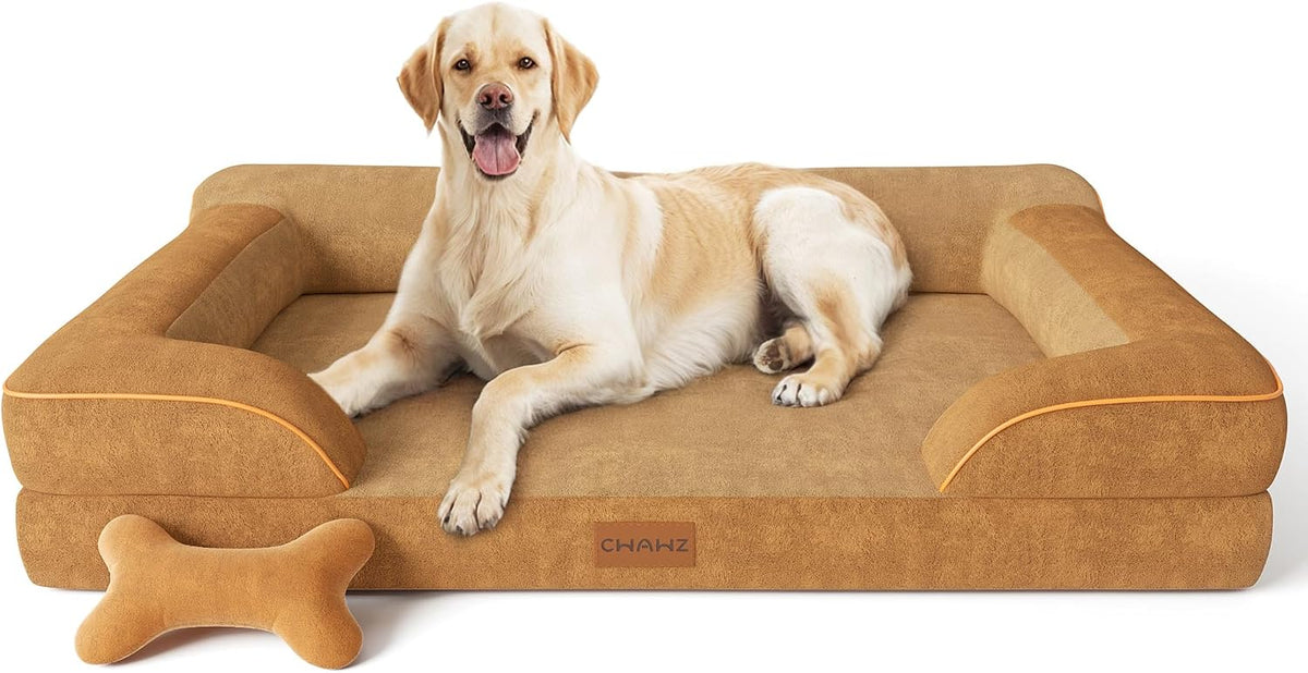 Extra Large Dog Bed, Orthopedic Dog Bed with Cooling Gel Memory Foam, Waterproof XL Pet Bed with Removable Washable Cover, 42" Pet Sofa Couch Dutch Velvet with Bone Toy, Light Gray