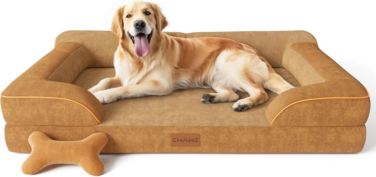 Extra Large Dog Bed, Orthopedic Dog Bed with Cooling Gel Memory Foam, Waterproof XL Pet Bed with Removable Washable Cover, 42" Pet Sofa Couch Dutch Velvet with Bone Toy, Light Gray