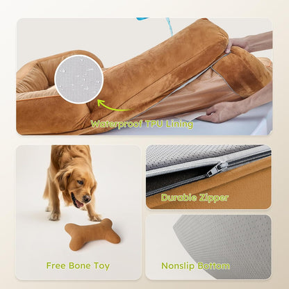 Extra Large Dog Bed, Orthopedic Dog Bed with Cooling Gel Memory Foam, Waterproof XL Pet Bed with Removable Washable Cover, 42" Pet Sofa Couch Dutch Velvet with Bone Toy, Light Gray