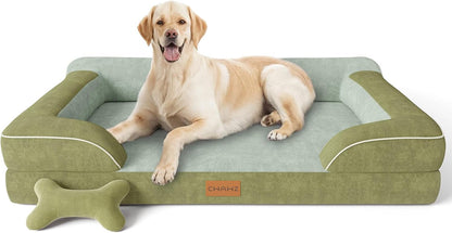 Extra Large Dog Bed, Orthopedic Dog Bed with Cooling Gel Memory Foam, Waterproof XL Pet Bed with Removable Washable Cover, 42" Pet Sofa Couch Dutch Velvet with Bone Toy, Light Gray