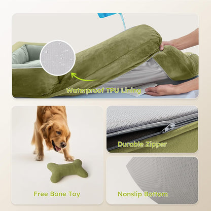 Extra Large Dog Bed, Orthopedic Dog Bed with Cooling Gel Memory Foam, Waterproof XL Pet Bed with Removable Washable Cover, 42" Pet Sofa Couch Dutch Velvet with Bone Toy, Light Gray