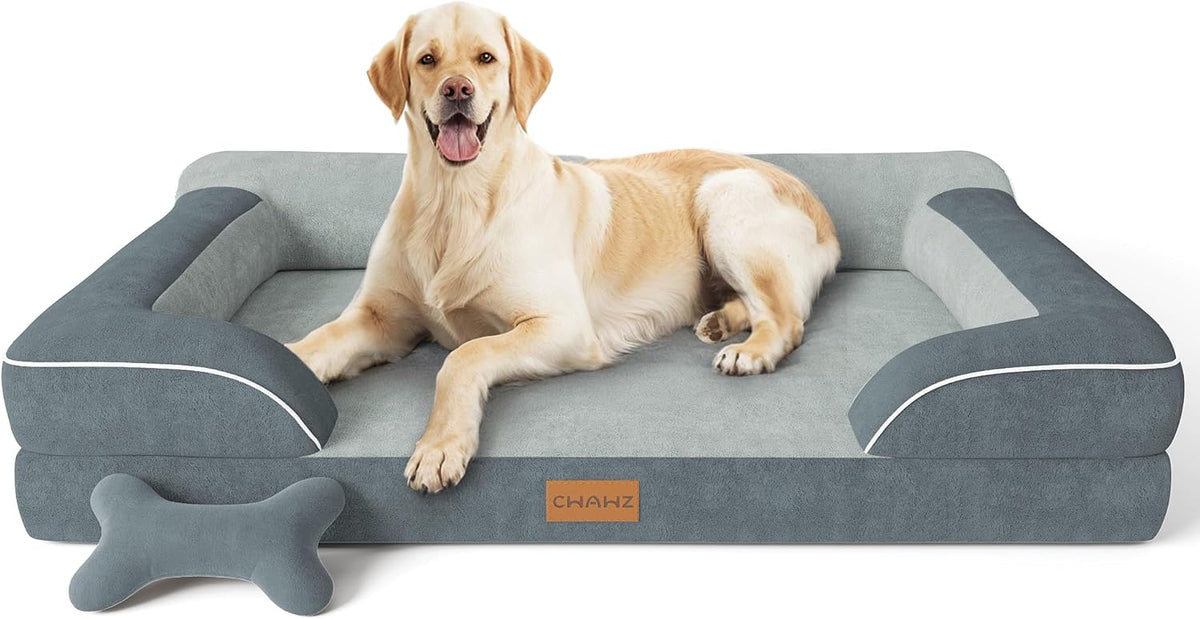 Extra Large Dog Bed, Orthopedic Dog Bed with Cooling Gel Memory Foam, Waterproof XL Pet Bed with Removable Washable Cover, 42" Pet Sofa Couch Dutch Velvet with Bone Toy, Light Gray