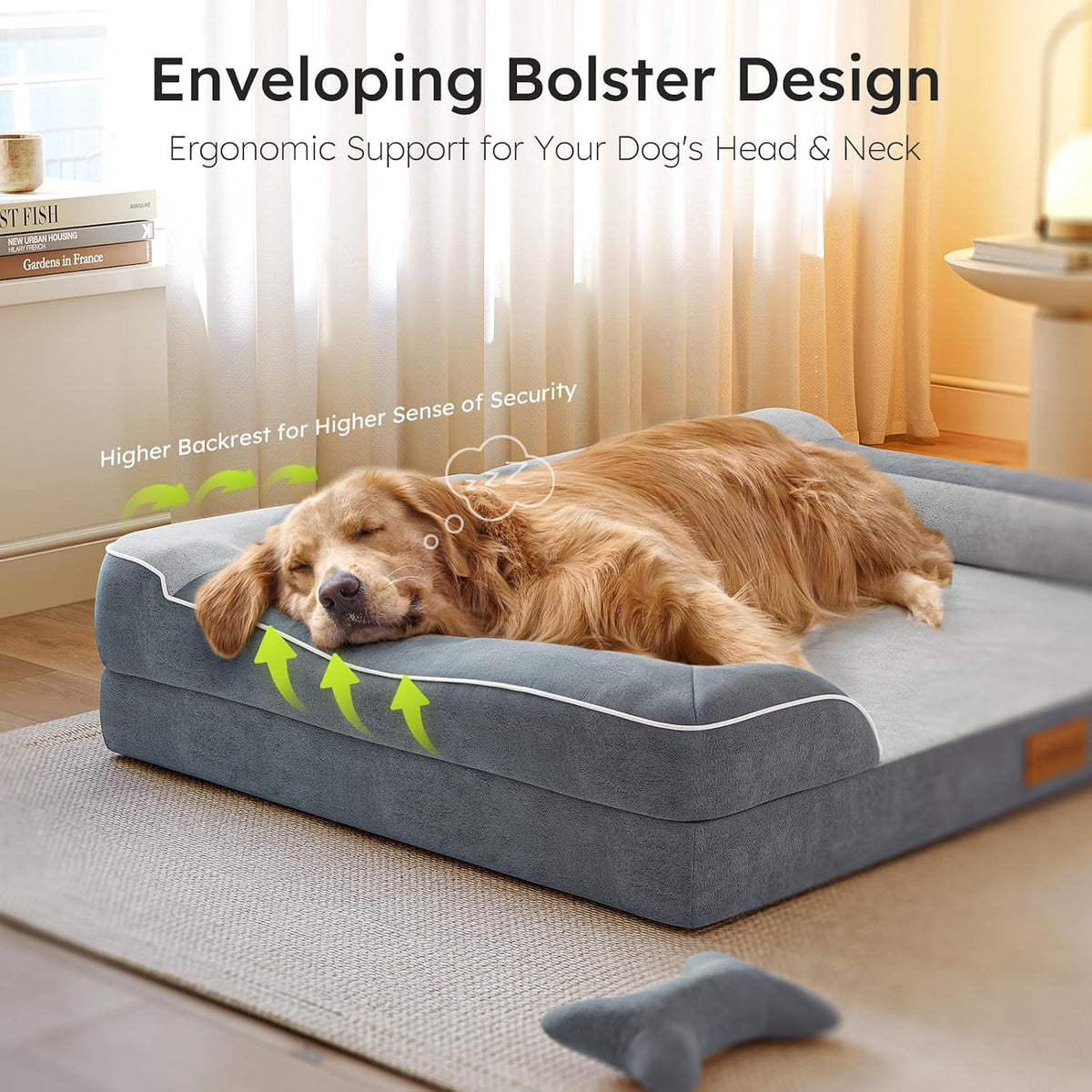 Extra Large Dog Bed, Orthopedic Dog Bed with Cooling Gel Memory Foam, Waterproof XL Pet Bed with Removable Washable Cover, 42" Pet Sofa Couch Dutch Velvet with Bone Toy, Light Gray