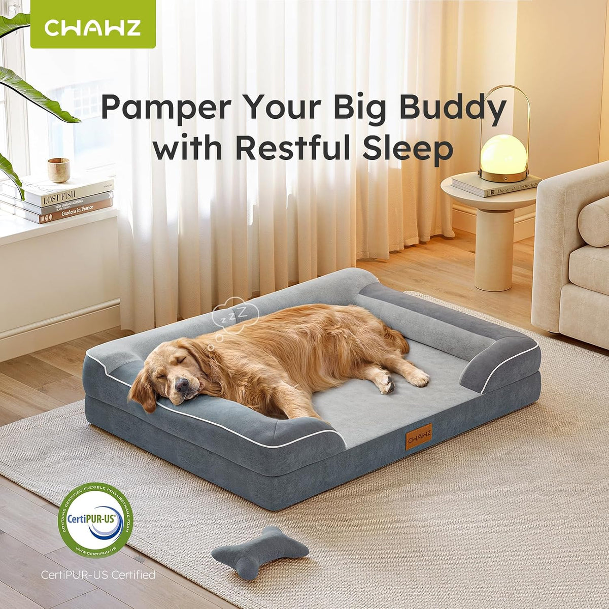 Extra Large Dog Bed, Orthopedic Dog Bed with Cooling Gel Memory Foam, Waterproof XL Pet Bed with Removable Washable Cover, 42" Pet Sofa Couch Dutch Velvet with Bone Toy, Light Gray