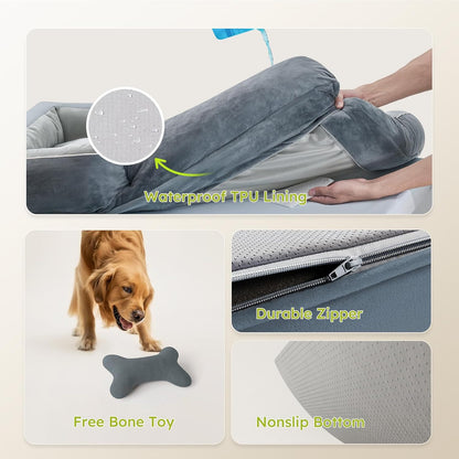 Extra Large Dog Bed, Orthopedic Dog Bed with Cooling Gel Memory Foam, Waterproof XL Pet Bed with Removable Washable Cover, 42" Pet Sofa Couch Dutch Velvet with Bone Toy, Light Gray