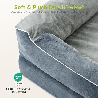 Extra Large Dog Bed, Orthopedic Dog Bed with Cooling Gel Memory Foam, Waterproof XL Pet Bed with Removable Washable Cover, 42" Pet Sofa Couch Dutch Velvet with Bone Toy, Light Gray