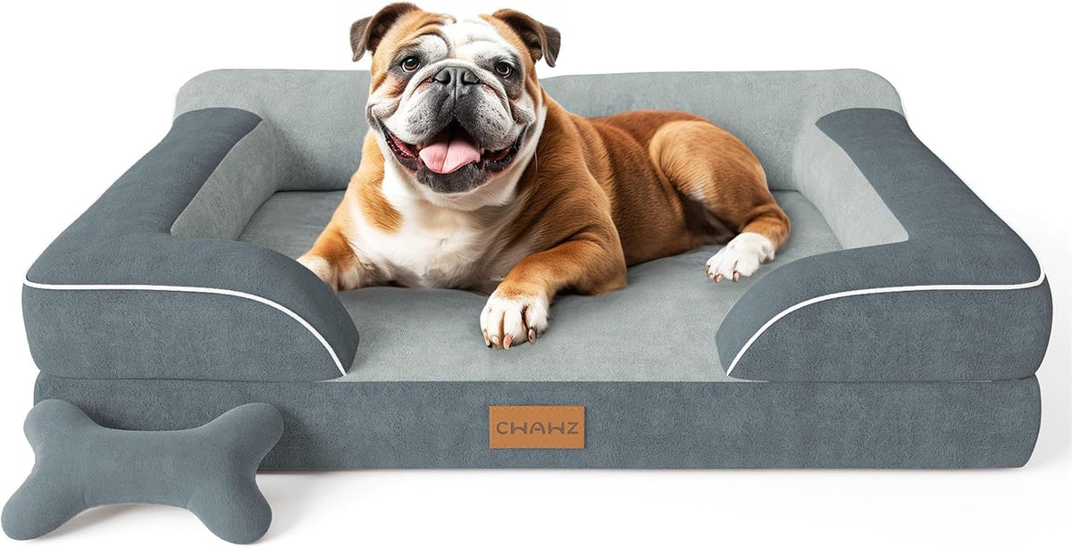 Extra Large Dog Bed, Orthopedic Dog Bed with Cooling Gel Memory Foam, Waterproof XL Pet Bed with Removable Washable Cover, 42" Pet Sofa Couch Dutch Velvet with Bone Toy, Light Gray