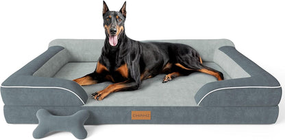 Extra Large Dog Bed, Orthopedic Dog Bed with Cooling Gel Memory Foam, Waterproof XL Pet Bed with Removable Washable Cover, 42" Pet Sofa Couch Dutch Velvet with Bone Toy, Light Gray
