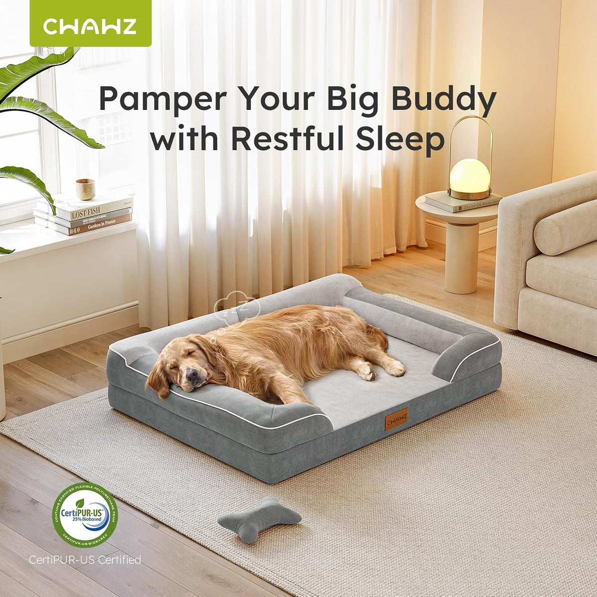 Extra Large Dog Bed, Orthopedic Dog Bed with Cooling Gel Memory Foam, Waterproof XL Pet Bed with Removable Washable Cover, 42" Pet Sofa Couch Dutch Velvet with Bone Toy, Light Gray
