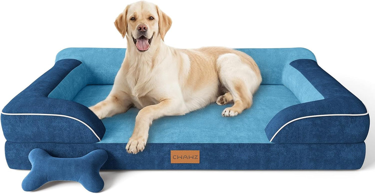 Extra Large Dog Bed, Orthopedic Dog Bed with Cooling Gel Memory Foam, Waterproof XL Pet Bed with Removable Washable Cover, 42" Pet Sofa Couch Dutch Velvet with Bone Toy, Light Gray