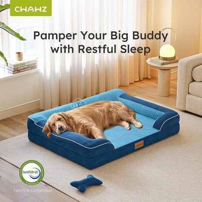 Extra Large Dog Bed, Orthopedic Dog Bed with Cooling Gel Memory Foam, Waterproof XL Pet Bed with Removable Washable Cover, 42" Pet Sofa Couch Dutch Velvet with Bone Toy, Light Gray