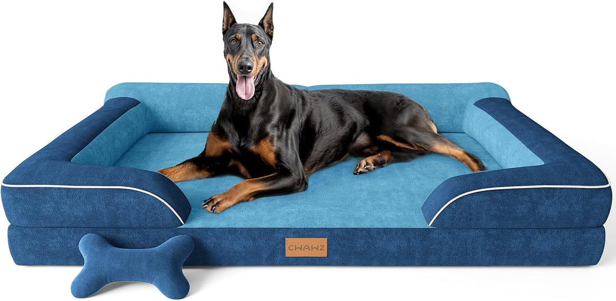 Extra Large Dog Bed, Orthopedic Dog Bed with Cooling Gel Memory Foam, Waterproof XL Pet Bed with Removable Washable Cover, 42" Pet Sofa Couch Dutch Velvet with Bone Toy, Light Gray