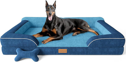 Extra Large Dog Bed, Orthopedic Dog Bed with Cooling Gel Memory Foam, Waterproof XL Pet Bed with Removable Washable Cover, 42" Pet Sofa Couch Dutch Velvet with Bone Toy, Light Gray