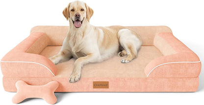 Extra Large Dog Bed, Orthopedic Dog Bed with Cooling Gel Memory Foam, Waterproof XL Pet Bed with Removable Washable Cover, 42" Pet Sofa Couch Dutch Velvet with Bone Toy, Light Gray