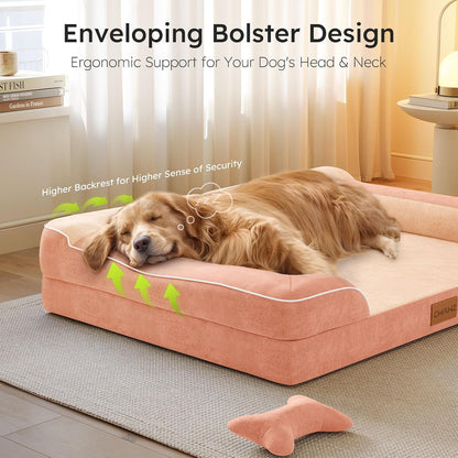 Extra Large Dog Bed, Orthopedic Dog Bed with Cooling Gel Memory Foam, Waterproof XL Pet Bed with Removable Washable Cover, 42" Pet Sofa Couch Dutch Velvet with Bone Toy, Light Gray
