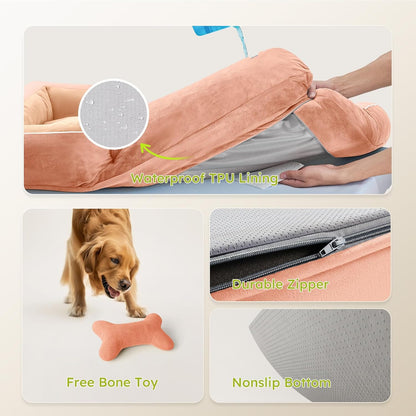 Extra Large Dog Bed, Orthopedic Dog Bed with Cooling Gel Memory Foam, Waterproof XL Pet Bed with Removable Washable Cover, 42" Pet Sofa Couch Dutch Velvet with Bone Toy, Light Gray