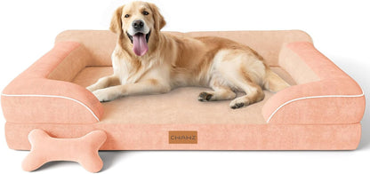 Extra Large Dog Bed, Orthopedic Dog Bed with Cooling Gel Memory Foam, Waterproof XL Pet Bed with Removable Washable Cover, 42" Pet Sofa Couch Dutch Velvet with Bone Toy, Light Gray