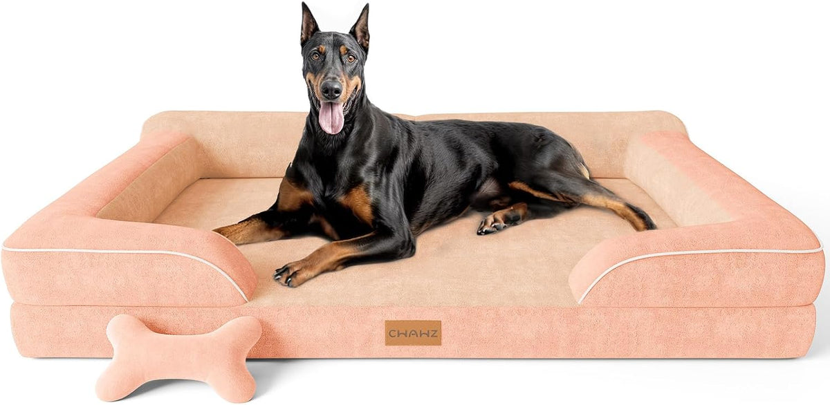 Extra Large Dog Bed, Orthopedic Dog Bed with Cooling Gel Memory Foam, Waterproof XL Pet Bed with Removable Washable Cover, 42" Pet Sofa Couch Dutch Velvet with Bone Toy, Light Gray