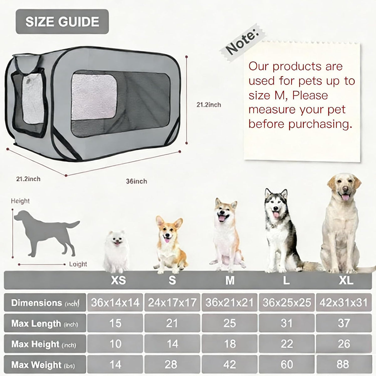 Foldable Dog Kennel for Medium Dogs 36-inch, Portable Waterproof Dog Crate, Pop-Up Indoor/Outdoor Pet Cage & Car Seat Travel Bed (Grey)