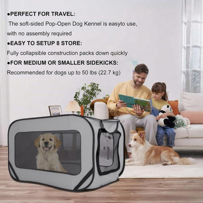 Foldable Dog Kennel for Medium Dogs 36-inch, Portable Waterproof Dog Crate, Pop-Up Indoor/Outdoor Pet Cage & Car Seat Travel Bed (Grey)
