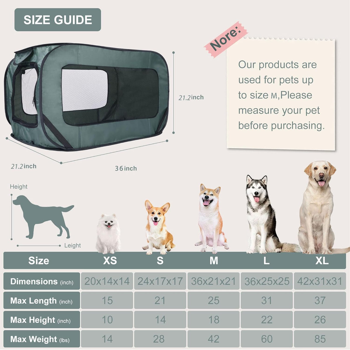 Foldable Dog Kennel for Medium Dogs 36-inch, Portable Waterproof Dog Crate, Pop-Up Indoor/Outdoor Pet Cage & Car Seat Travel Bed (Grey)