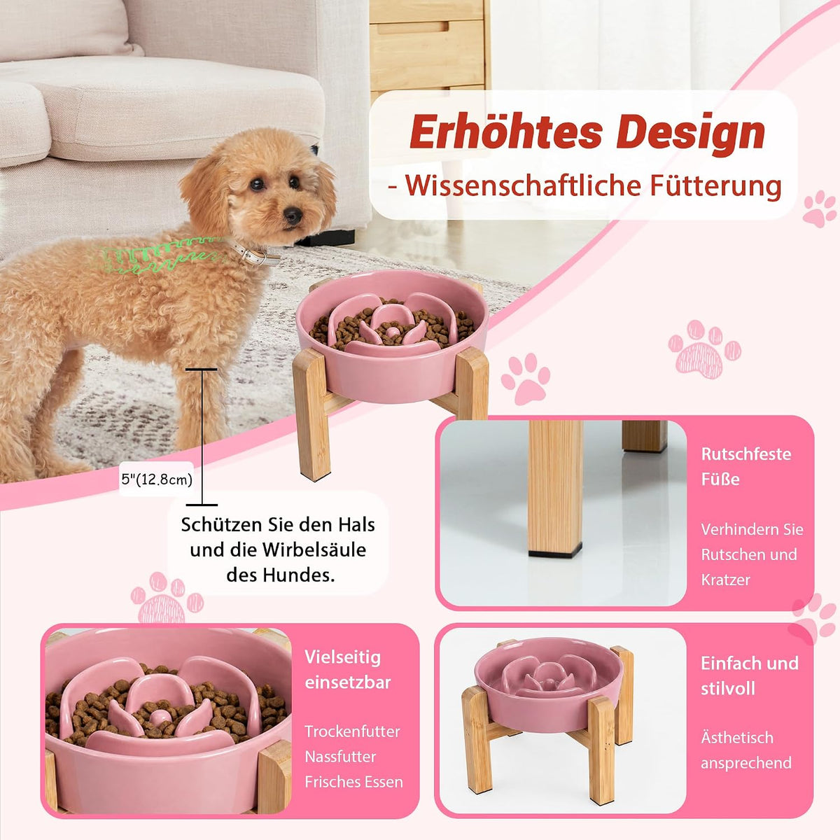Elevated Slow Feeder Dog Bowl, 6.7" Ceramic Maze Dog Bowl with Stand