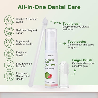 Dog Toothpaste Kit for Gum Care – Watermelon Flavor Dental Toothpaste with Finger Brush & Long-Handle Toothbrush – Reduces Plaque, Soothes Gums, Freshens Breath – Safe for Daily Use