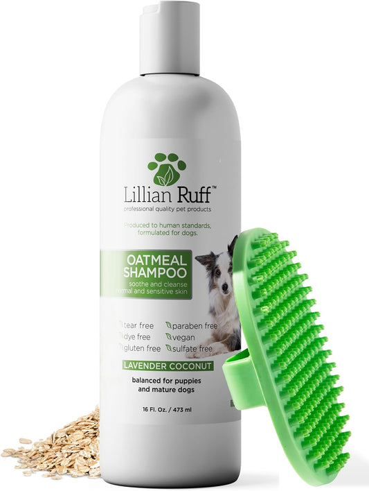 PRO Formula Deodorizing Oatmeal Dog Shampoo - Calms Itching & Allergies, Ultra-Nourishing Dry Skin Relief - Oatmeal, Aloe, Coconut Oil, Lavender & Provitamin B5 - Made in USA 16oz+Brush