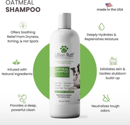 PRO Formula Deodorizing Oatmeal Dog Shampoo - Calms Itching & Allergies, Ultra-Nourishing Dry Skin Relief - Oatmeal, Aloe, Coconut Oil, Lavender & Provitamin B5 - Made in USA 16oz+Brush