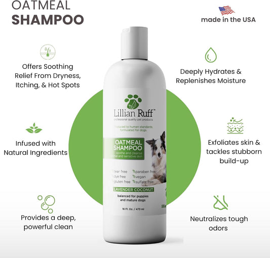 PRO Formula Deodorizing Oatmeal Dog Shampoo - Calms Itching & Allergies, Ultra-Nourishing Dry Skin Relief - Oatmeal, Aloe, Coconut Oil, Lavender & Provitamin B5 - Made in USA 16oz+Brush