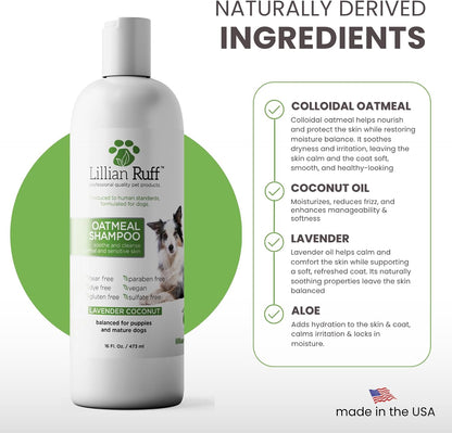 PRO Formula Deodorizing Oatmeal Dog Shampoo - Calms Itching & Allergies, Ultra-Nourishing Dry Skin Relief - Oatmeal, Aloe, Coconut Oil, Lavender & Provitamin B5 - Made in USA 16oz+Brush
