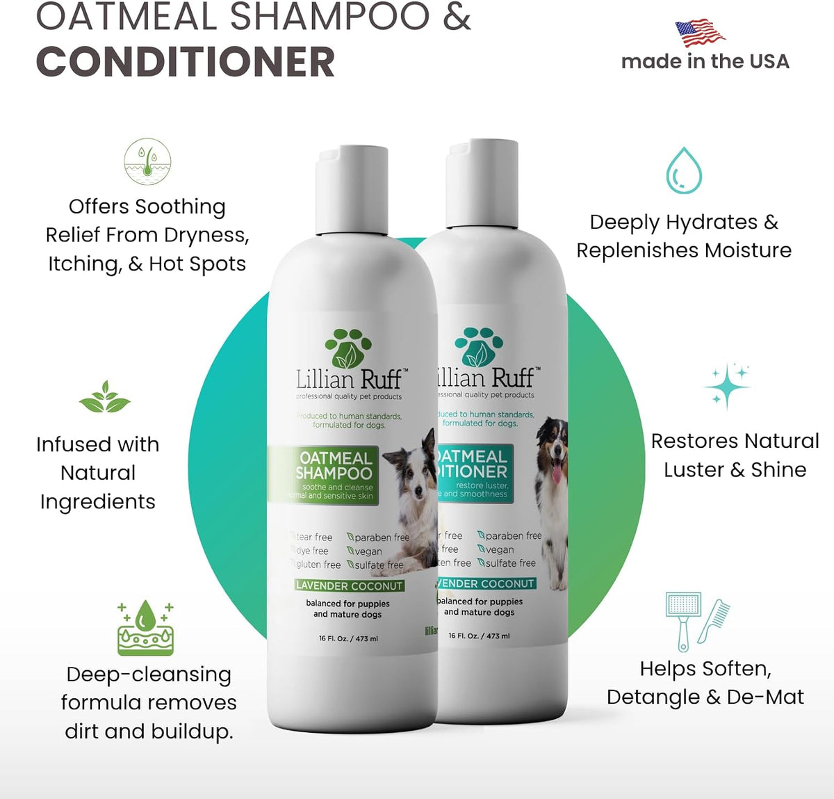 PRO Formula Deodorizing Oatmeal Dog Shampoo - Calms Itching & Allergies, Ultra-Nourishing Dry Skin Relief - Oatmeal, Aloe, Coconut Oil, Lavender & Provitamin B5 - Made in USA 16oz+Brush
