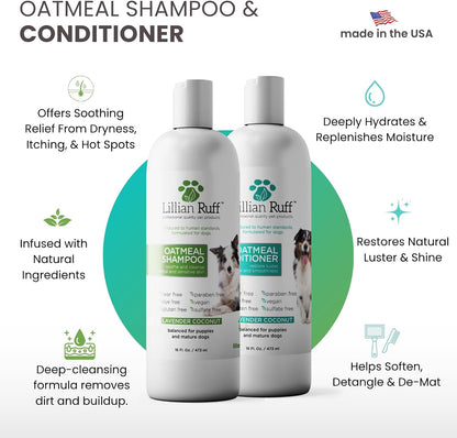 PRO Formula Deodorizing Oatmeal Dog Shampoo - Calms Itching & Allergies, Ultra-Nourishing Dry Skin Relief - Oatmeal, Aloe, Coconut Oil, Lavender & Provitamin B5 - Made in USA 16oz+Brush