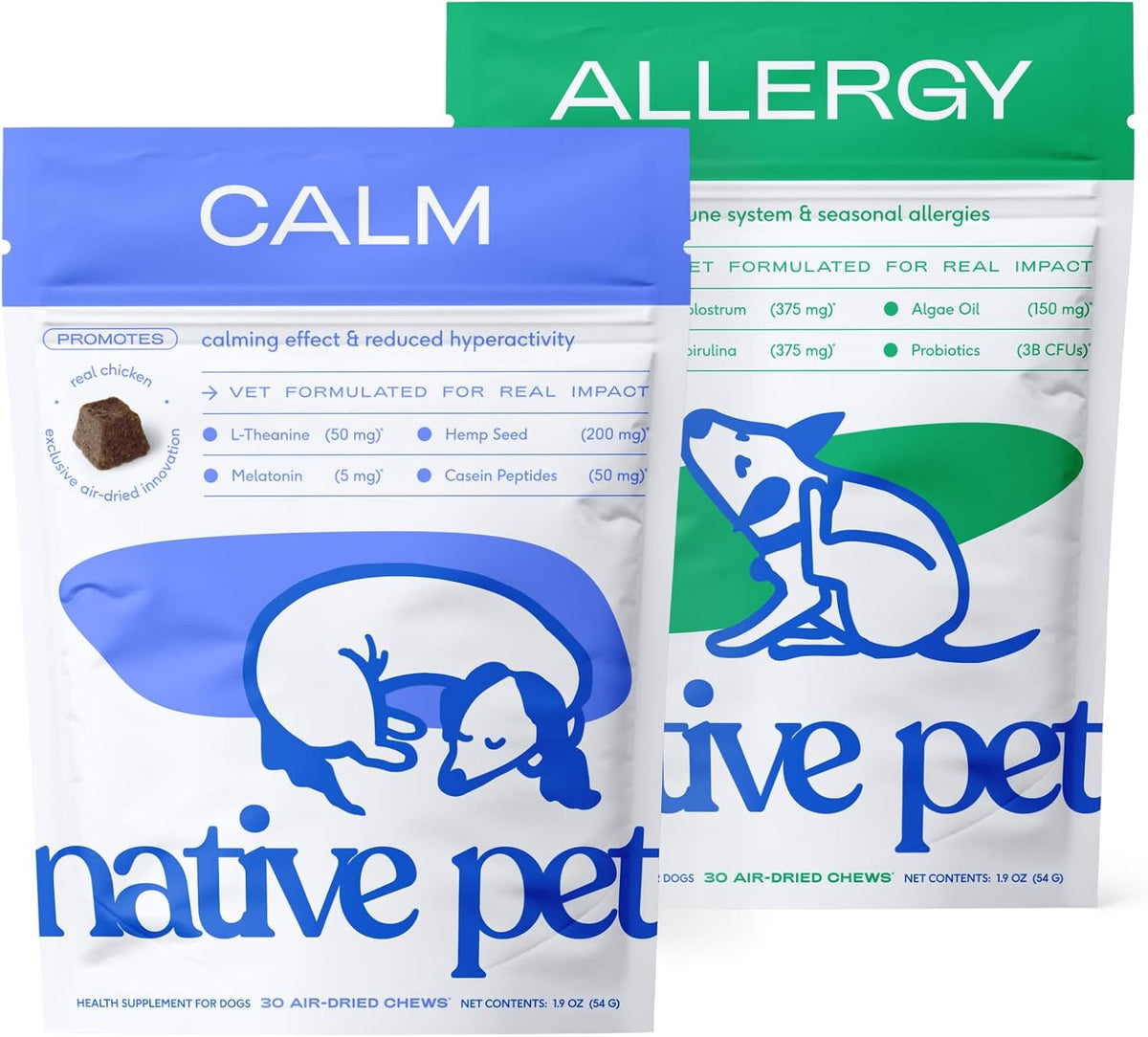 Calming & Soothing Bundle: Dog Calming Chews (30 Air-Dried Chews) & Allergy Chews for Dogs (30 Air-Dried Chews) - Natural Anxiety Relief with Melatonin & Allergy Relief Probiotics