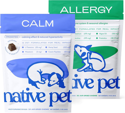Calming & Soothing Bundle: Dog Calming Chews (30 Air-Dried Chews) & Allergy Chews for Dogs (30 Air-Dried Chews) - Natural Anxiety Relief with Melatonin & Allergy Relief Probiotics
